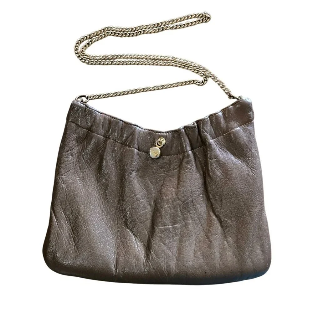 Vtg Ande' Clutch Shoulder Strap Li Brown Taupe 80s/90s Leather Hinged Closure
